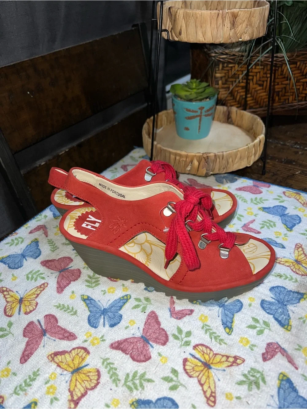 Fly London Ylfa Scarlet Red Leather Lace up Comfort Wedge Sandals Shoes